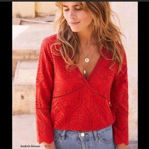 Sezane red eyelet 3/4 sleeve blouse top with cutout back size 38 US 6
